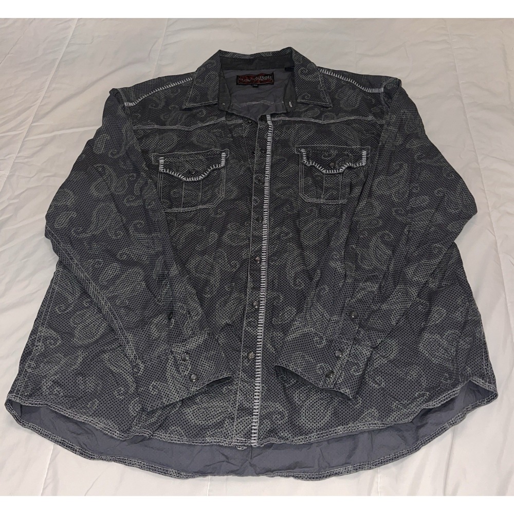 Rock & Roll Cowboy White Gray Paisley Shirt Men's XXL‎ Pearl Snap Button Western